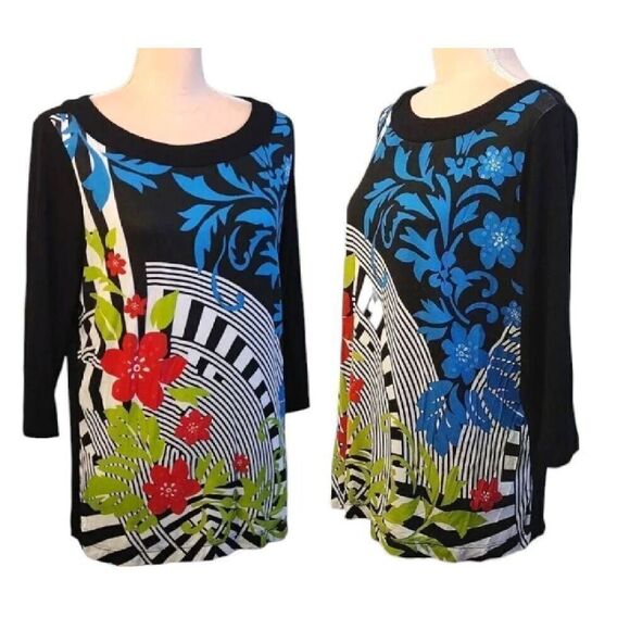 VTG Black Colorful Psychedelic Floral Printed Maximalist Tunic Blouse Large - Picture 1 of 13